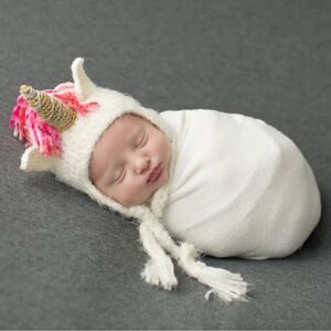 Daisy Baby Girls Infant Unicorn Beanie Hat White Pink Photography 0-6 month NWT
